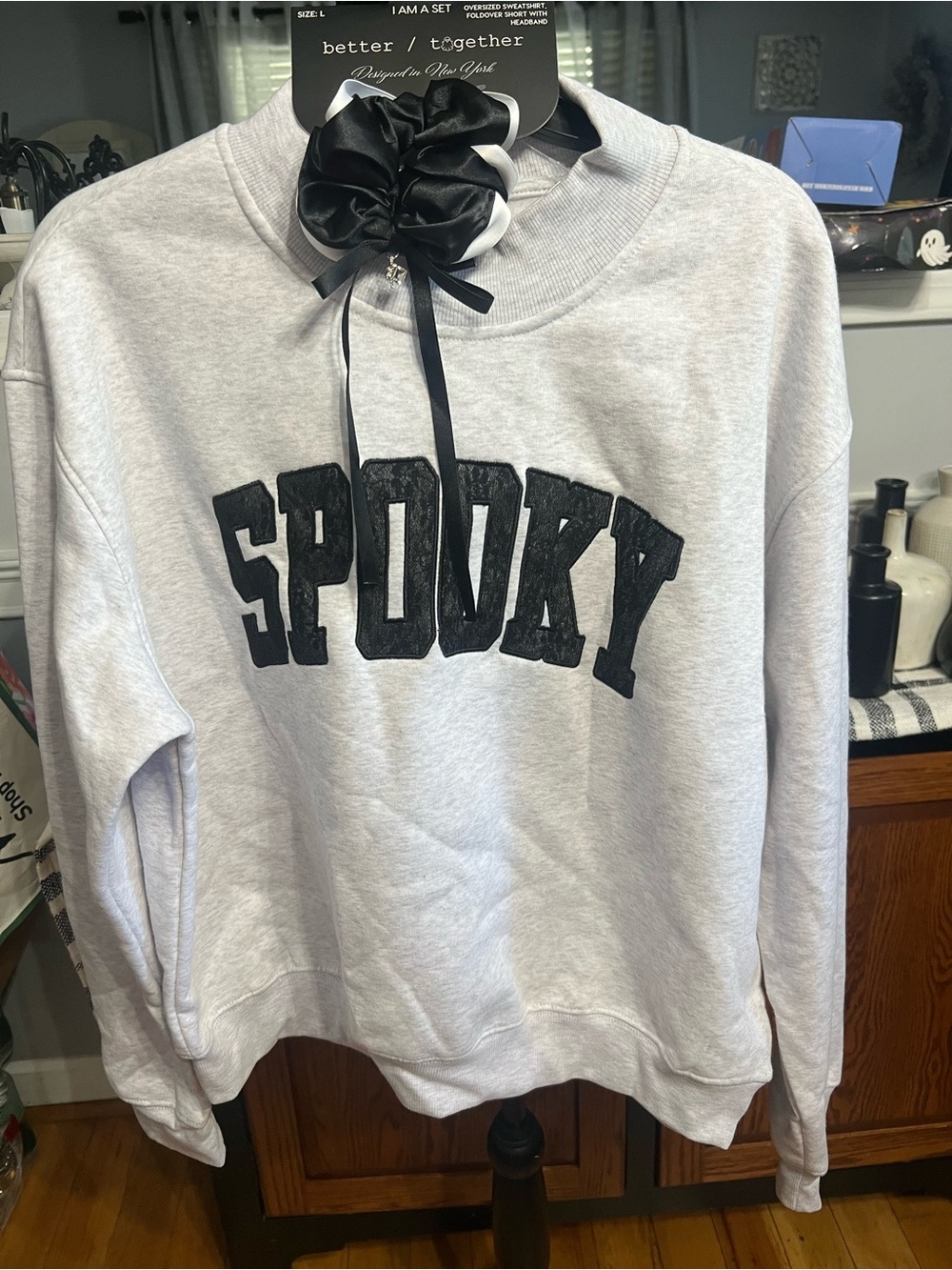Better Together Spooky Graphic Sweatshirt - Light Gray w/ Black Silky Headband